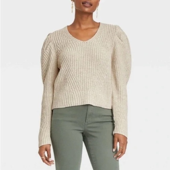 Universal Thread Tan puffed sleeves V-Neck Sweater Ribbed Knit Sz L - Picture 1 of 5